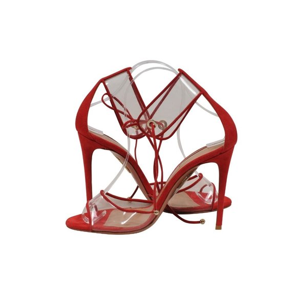 Aquazzura Womens Sandals US7.5 37.5 Red Suede Pvc Ankle Strap 105mm Heels - Picture 5 of 8